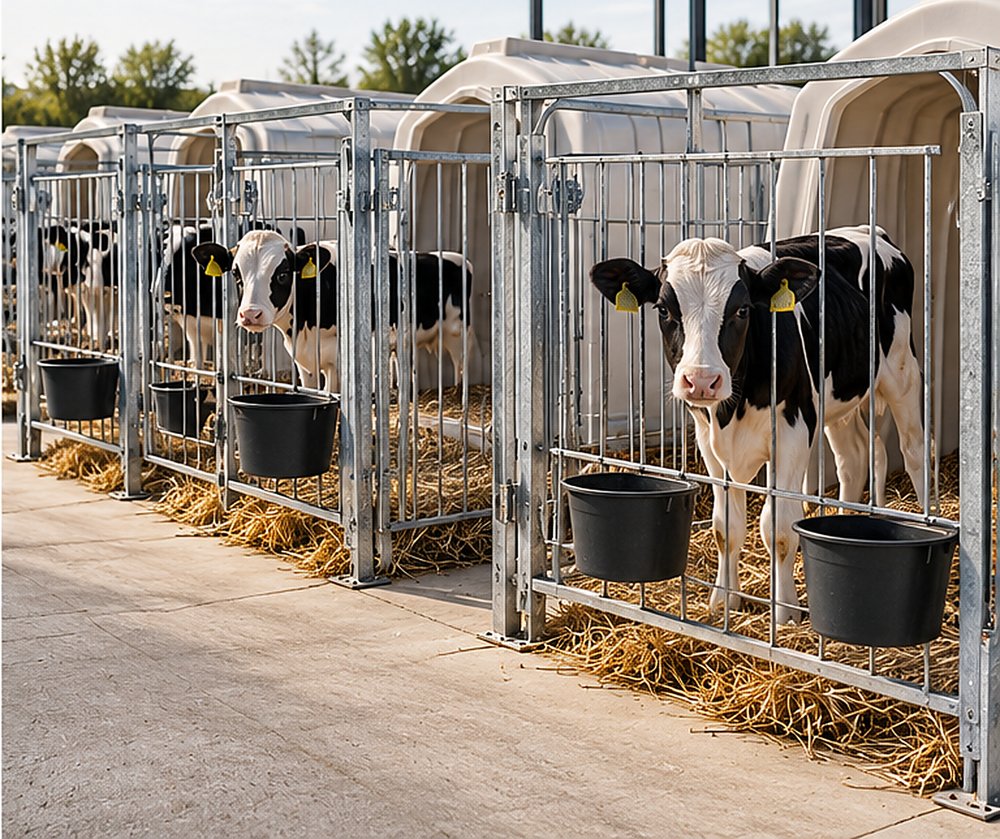 Galvanised steel calf cages with feed and water buckets