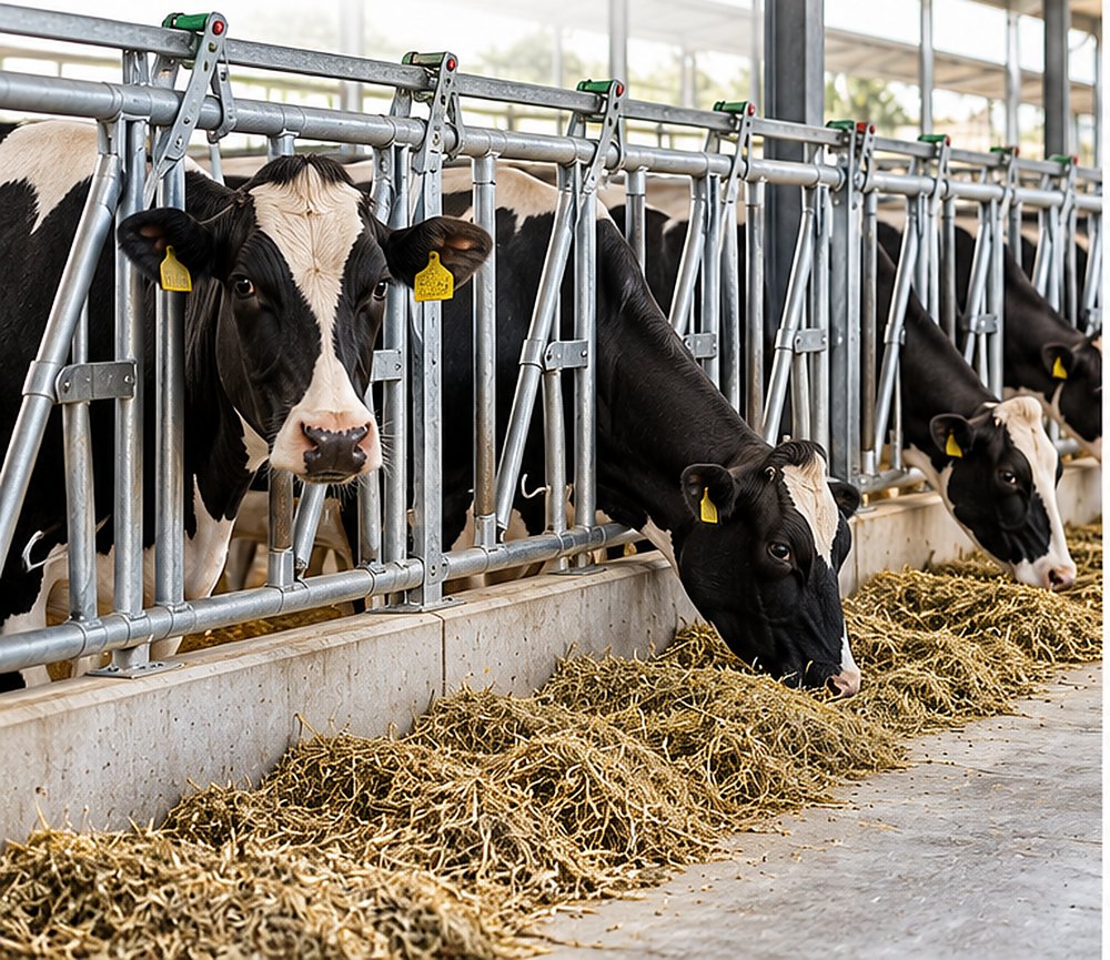 Steel cow headlock rail along a dairy feeding lane