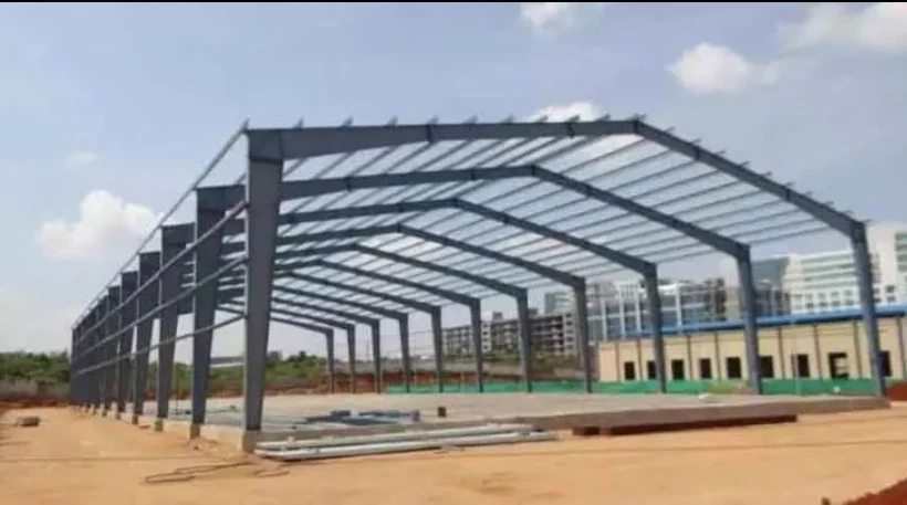 Steel shed frame erected on site